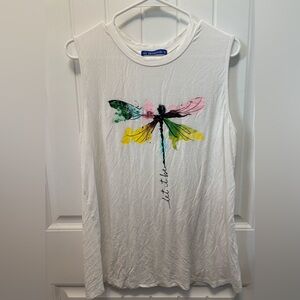 Irisgod White Sleeveless Top with Colorful Dragonfly Design. Size XL.